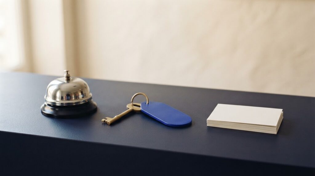 A concierge bell and a room key waiting on a navy reception desk.