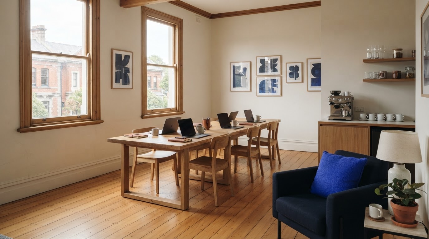 A bright, modern workspace with a long timber desk, an espresso machine and a navy armchair.