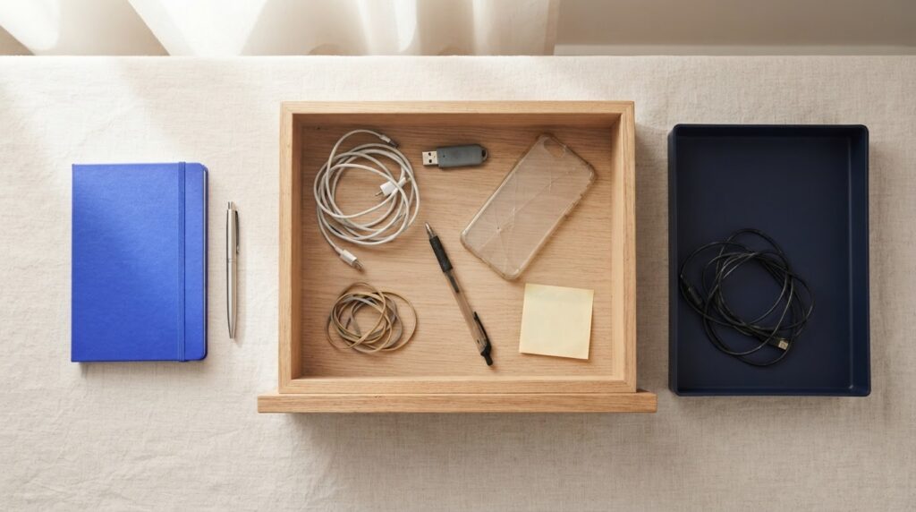 A desk drawer being cleared out, with old cables and gadgets sorted into a tray to throw away.