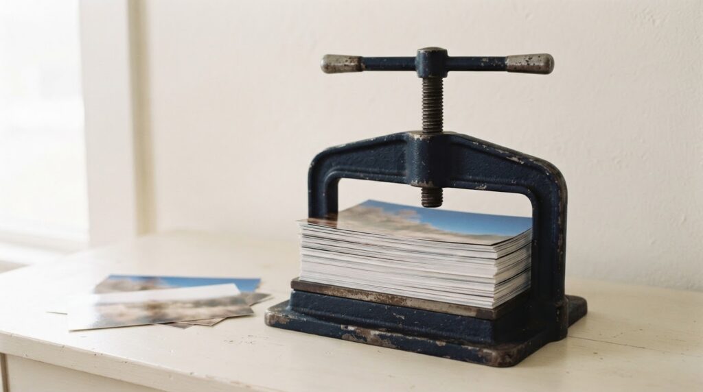 A tall stack of printed photographs being squeezed flat in an old iron book press.