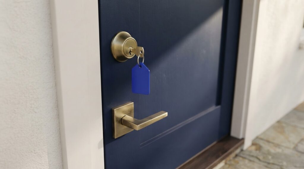 A navy front door with a solid deadbolt and brass key, lit by morning light.